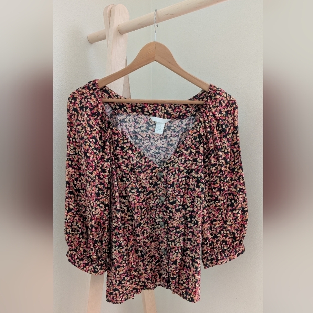 H&M Floral Blouse - Black and Pink, Sz M
